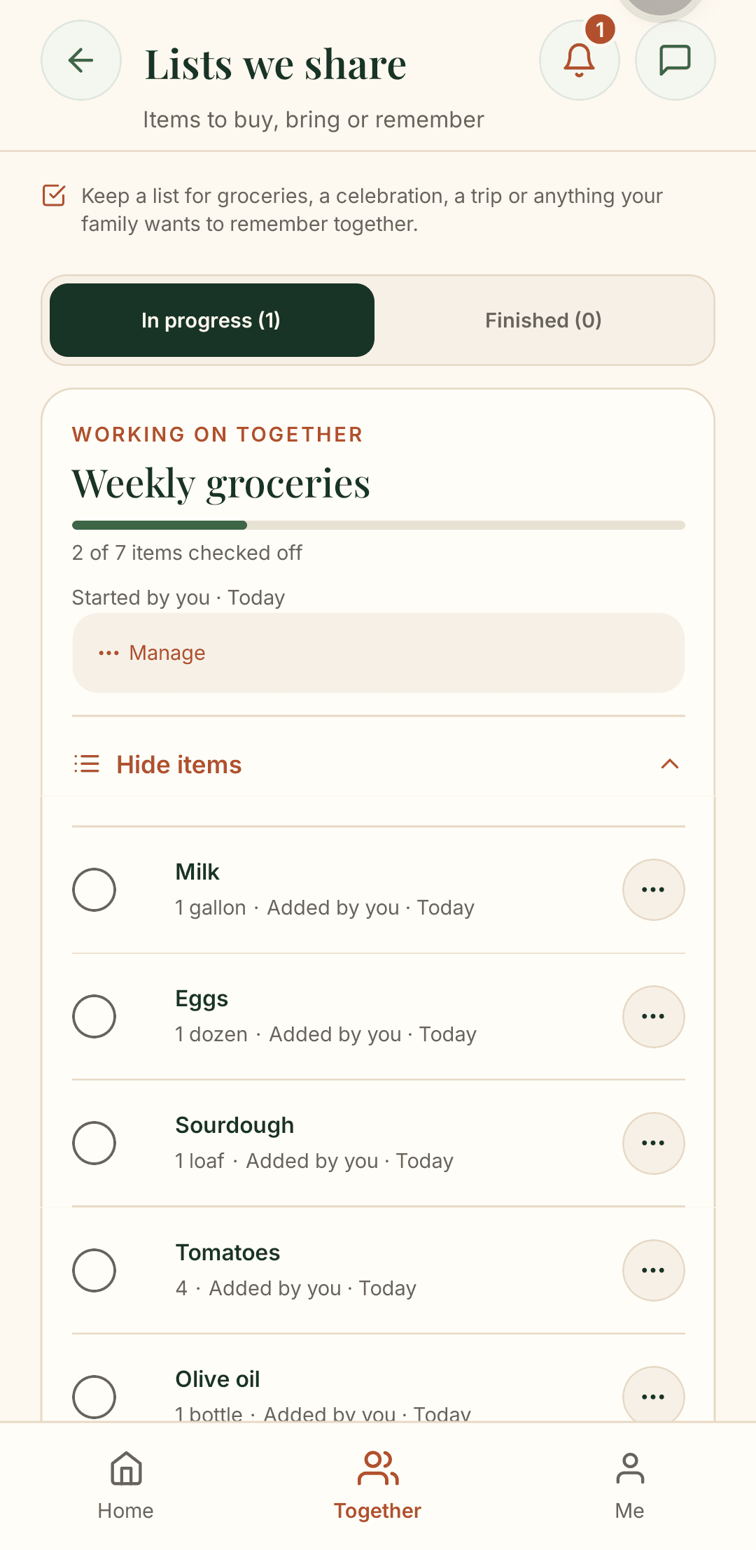 Shared weekly groceries list with milk, eggs, sourdough, tomatoes and olive oil.